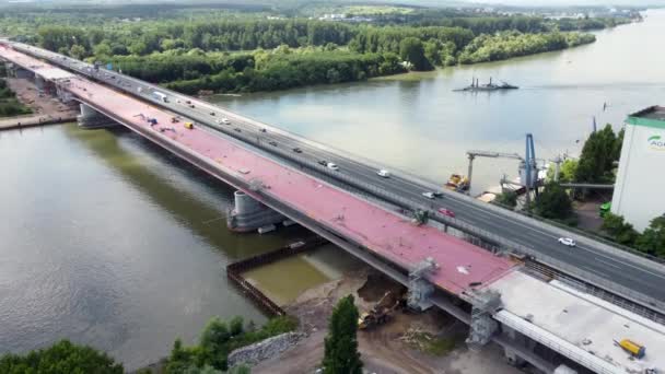 Luftaufnahme Der Großbaustelle Schiersteiner Brücke A643 Deutschland Autobahnbrücke Verbindet Die — Stockvideo