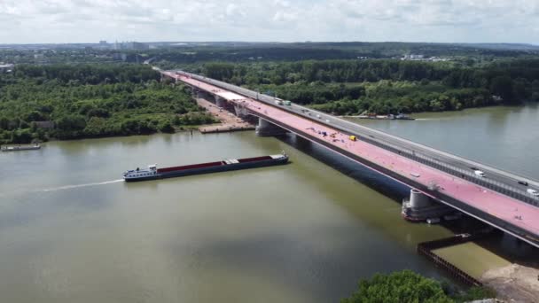 Letecký Pohled Velké Staveniště Mostu Schiersteiner Bruecke A643 Německo Dálniční — Stock video