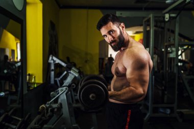 Koyu renk jimnastik salonunda kaslı adam dayanıklılığı üzerine yan görüş sakal kası egzersizi yapan beyaz erkek sporcu halterli pazı - fitness ve güç konsepti kopyalama alanı