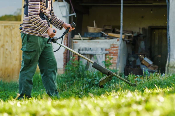 Young Caucasian Man Farmer Gardener Standing Field String Trimmer Petrol — Stock Photo, Image