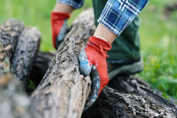 Close Midsection Unknown Man Wearing Protective Working Gloves Holding Log — Stock Photo, Image