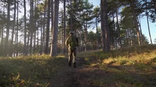 Visão Traseira Soldado Uniforme Que Anda Floresta Dia Ensolarado Comprimento — Vídeo de Stock