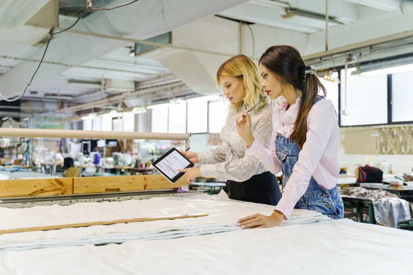 若いブロンドの白人女性が同僚のプロジェクトでデジタルタブレットを持っている 工場で女性労働者が材料の計画とスケッチを作る 起業家の友人が新しい製品デザインを開発 — ストック写真