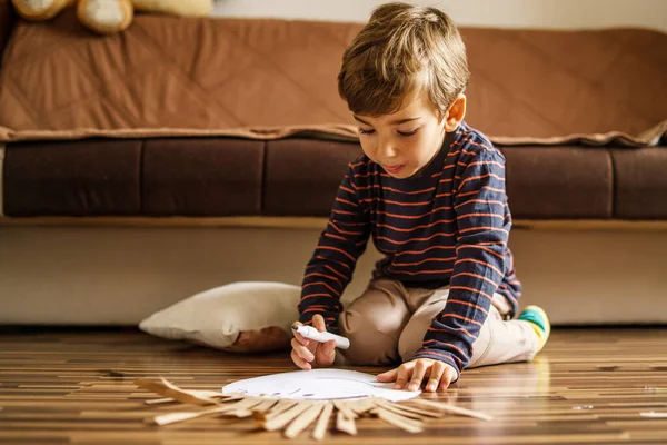 Small Caucasian Boy Playing Floor Home Using Crayon Draw Paper — Stock Photo, Image