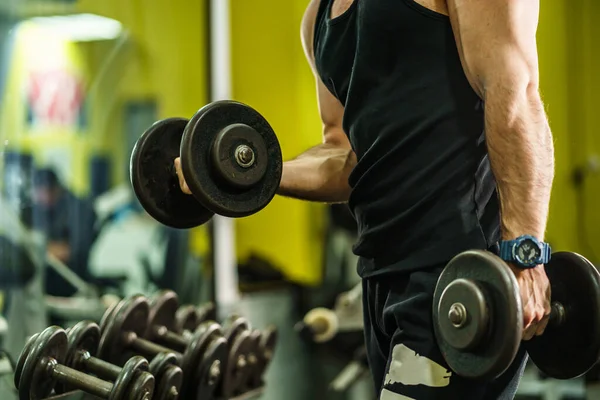 Side view on hands of unknown caucasian man male athlete bodybuilder training at the gym workout using dumbbells biceps curls wearing black shirt standing - weight lifting copy space
