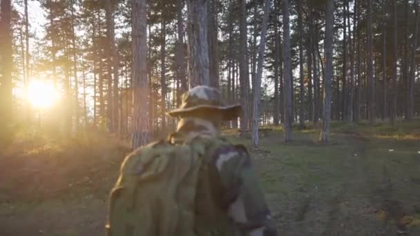 Achteraanzicht Van Soldaat Camouflageuniform Die Avonds Door Het Bos Loopt — Stockvideo