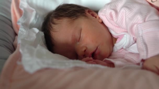 Close One Week One Newborn Baby Falling Asleep Infant Girl — Stock Video