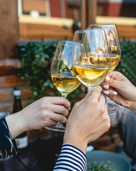 Close Hands Unknown Group Caucasian Women Holding Glasses White Wine — Stock Photo, Image