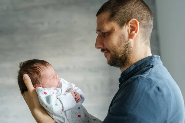 Caucasian Man Male Father Standing Window Home Holding His Newborn — Stock Photo, Image