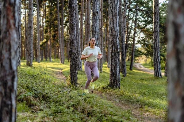 Side View Full Length Young Caucasian Woman Running Woods Nature — Stockfoto