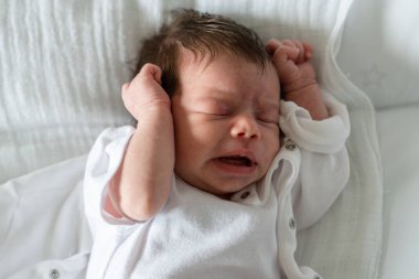 Üst tarafta ağlayan dört haftalık beyaz bebek kramplar yüzünden yüzünde acı dolu bir reaksiyon var. Yatağın üstünde yatıp fotokopi çekerken ağlıyor.