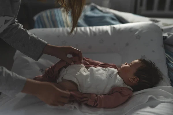 Mother Taking Care Her Baby Infant Boy Girl While Lying — Stock Photo, Image