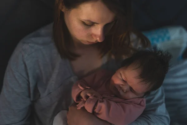 Close Portrait Newborn Cute Caucasian Baby Girl Boy Hands Mother — Stock Photo, Image