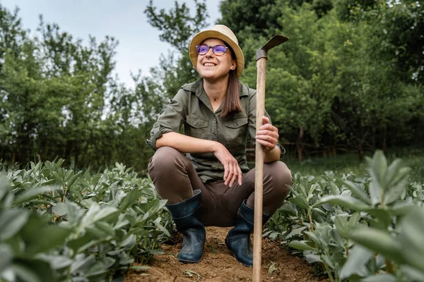 Front View Young Caucasian Happy Woman Female Farmer Agriculture Filed — Stockfoto