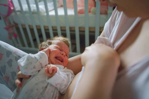 Shoulder View Small Caucasian Newborn Baby Crying Having Cramps While —  Fotos de Stock