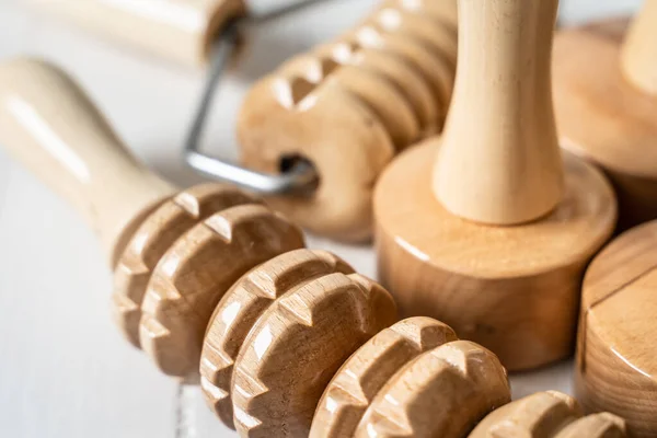 Massaggio Legno Maderoterapia Madero Terapia Mattarello Legno Strumenti Battaglia Trattamento — Foto Stock