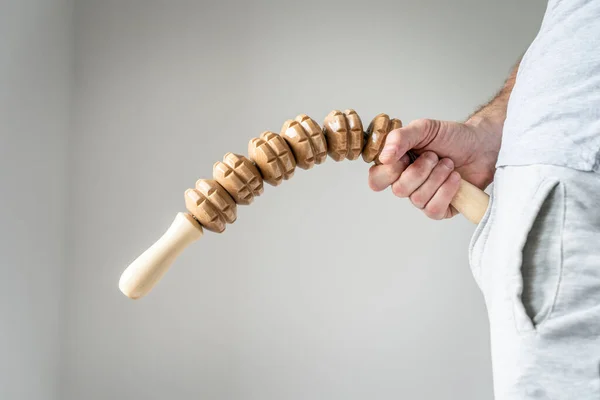 Side View Unknown Person Holding Madero Therapy Wooden Roller Symbol — Foto Stock