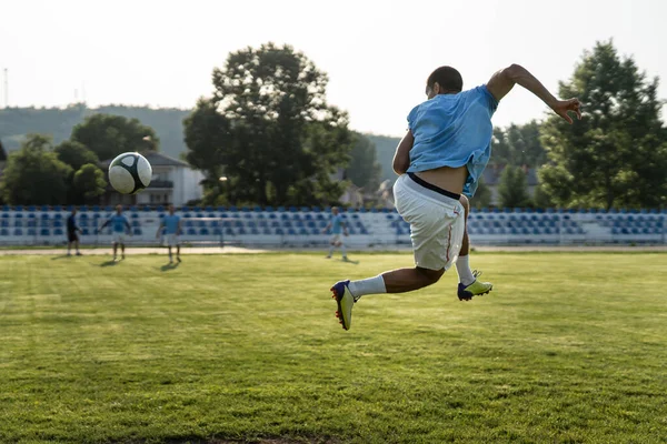 Full Length Soccer Football Player Kicking Ball Game Training — Stock Photo, Image