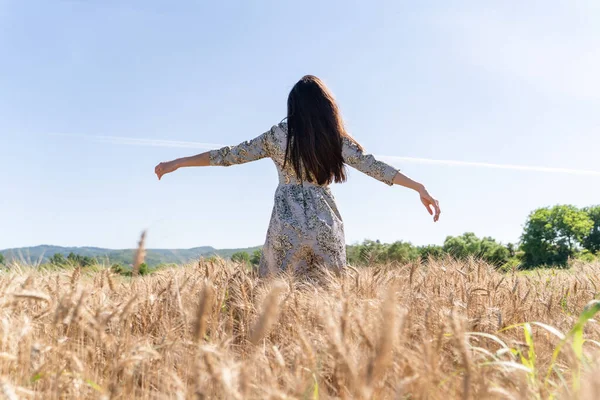 Volwassen Blanke Vrouw Draagt Zomerjurk Staande Gewassen Veld Graan Zonnige — Stockfoto