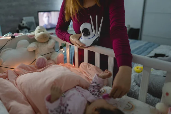 Unknown Woman Mother Adjusting Setting Surveillance Security Camera Baby Bed — Stock Photo, Image