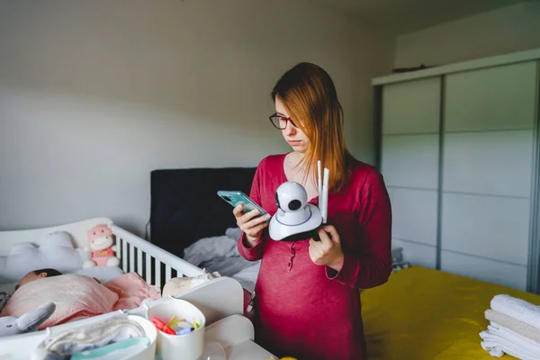 Caucasian Woman Mother Adjusting Setting Surveillance Security Camera Baby Bed — Stock Photo, Image