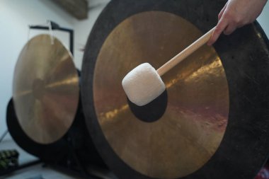Gong yoga close up on instruments for sound relaxation and meditation
