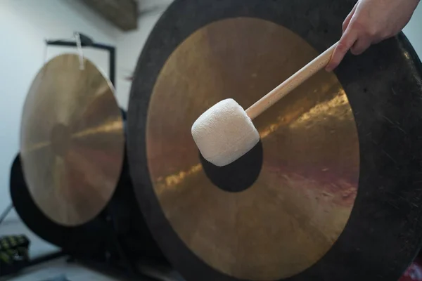 Gong yoga close up on instruments for sound relaxation and meditation