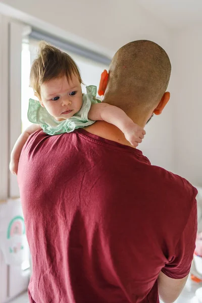 Caucasian Man Holding His Baby Girl Child Daughter Window Home — Stock Photo, Image