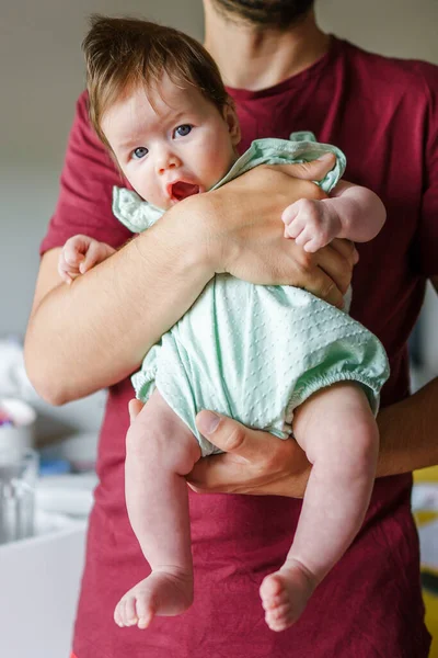 Caucasian Man Holding His Baby Girl Child Daughter Window Home — Stock Photo, Image