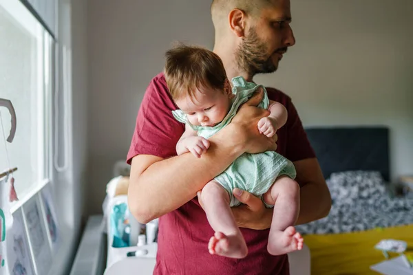 Caucasian Man Holding His Baby Girl Child Daughter Window Home — Stock Photo, Image