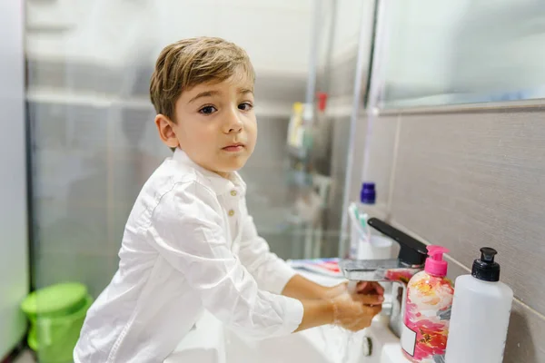 Small Caucasian Boy Four Years Old Male Child Washing Hands — Stock Photo, Image