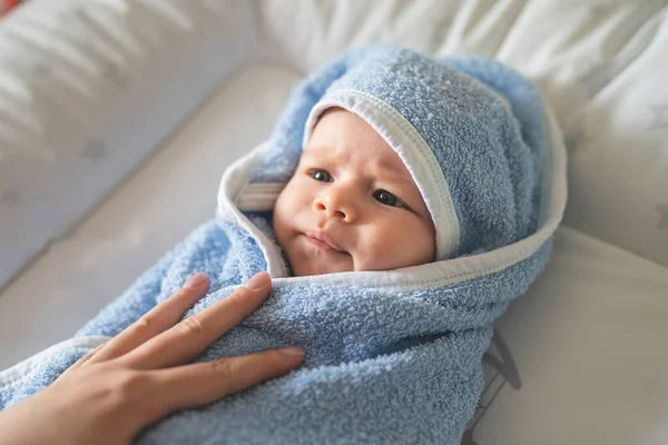 Small Caucasian Baby Boy Wrapped Blue Towel Bathing Home — Stock Photo, Image