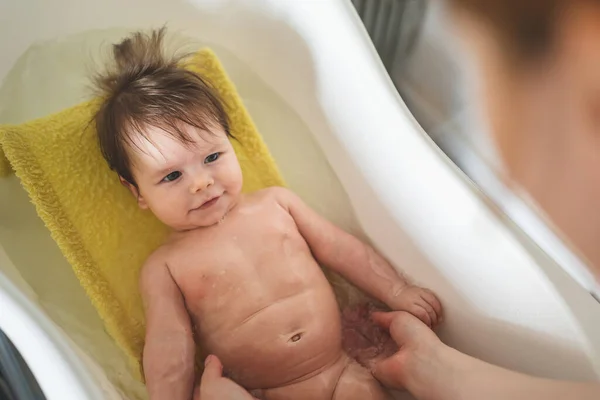 Small Caucasian Baby Taking Bath Home Unknown Woman Mother Holding — Stock Photo, Image