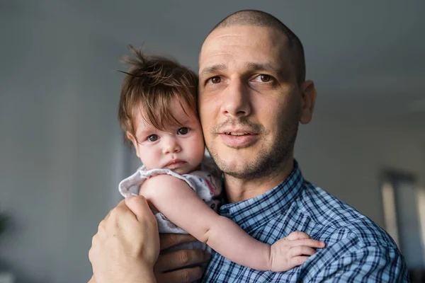 Caucasian Man Father Wearing Blue Shirt Holding His Small Five — Stock Photo, Image