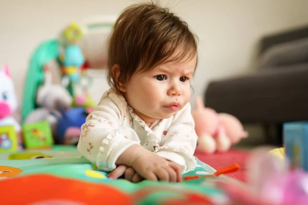 Close Baby Small Caucasian Girl Five Months Old Lying Belly — Stock Photo, Image