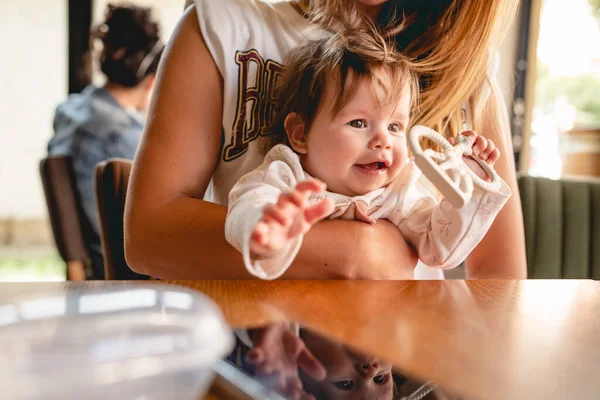 Close Small Happy Caucasian Baby Girl Boy Infant Smiling Hands — Stock Photo, Image