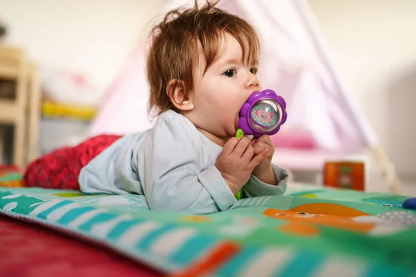 Full Length Baby Small Caucasian Girl Five Months Old Lying — Stock Photo, Image