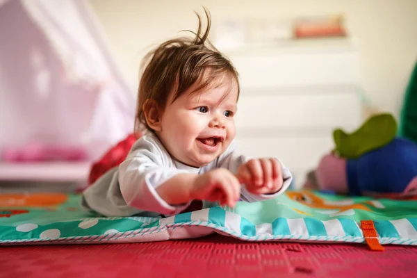 Baby Small Caucasian Girl Five Months Old Lying Belly Tummy — Stock Photo, Image