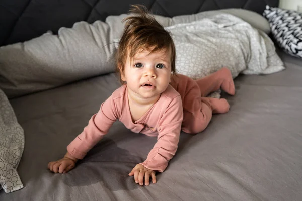 Small Caucasian Baby Lying Belly Bed Wet Urine Stain Sheet — Stock Photo, Image