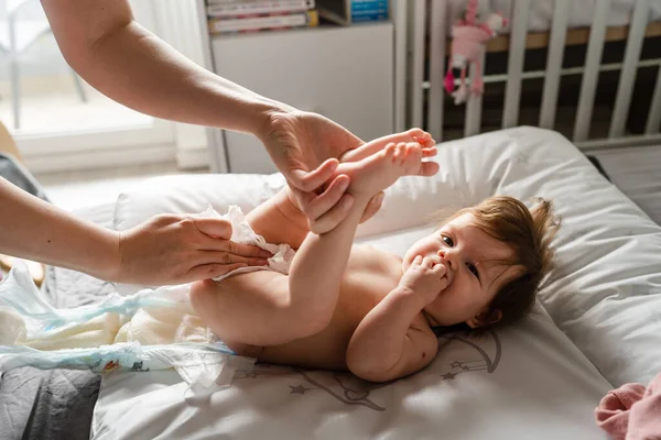 Small Caucasian Baby Girl Boy Lying Bed Bright Room While — Stock Photo, Image