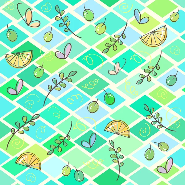 Modèle abstrait sans couture losange avec des feuilles et des papillons — Image vectorielle