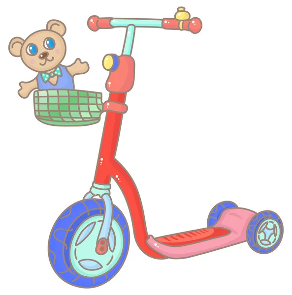 Kick scooter met Teddy-beer in de mand — Stockvector