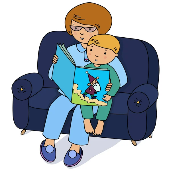 Mother Child Sitting Sofa Reading Storybook Cartoon Vector Illustration Stock Vector