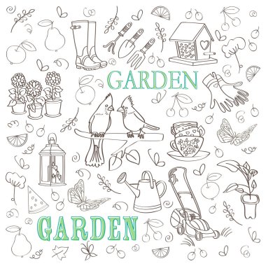 Boyama sayfası. Su kutusundan, saksıdan, Seedling 'den, Wellington botlarından, çim biçme makinesinden, sprey şişesinden, mumlu fenerden, kümes hayvanlarından, çay fincanlarından, kardinallerden, kelebeklerden, eldivenlerden, kuş yemliklerinden. Vektör illüstrati