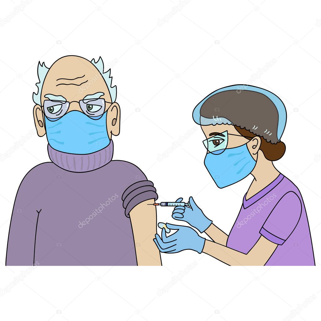 Female Nurse in Protective Gear vaccinating a flustered senior man in violet pullover and with face mask