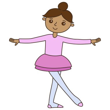 Çocuk balesi dersleri. Koyu tenli Afro-Amerikan küçük balerin. Pembe kostümlü, kahverengi gözlü ve pembe dans ayakkabılı. Egzersizleri vektör illüstrasyonu yapıyor.