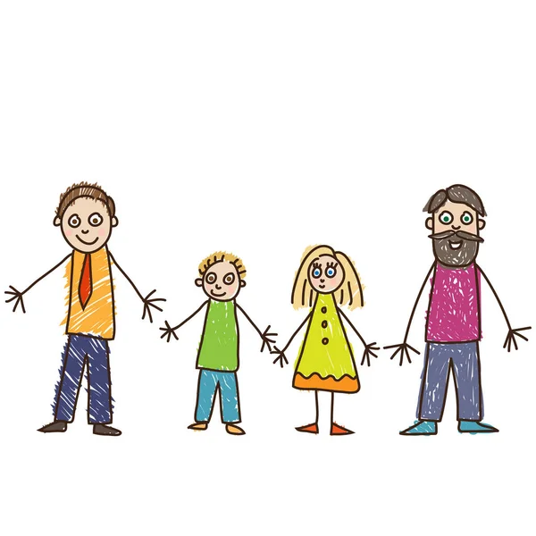 Kids Drawing Style Same Sex Parenthood Family Two Fathers Son — Stock Vector