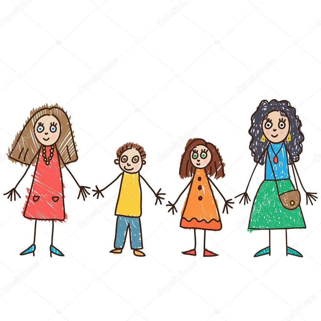 Kids Drawing style. Same sex parenthood.  Family with two mothers, son and daughter in bright clothes vector illustration