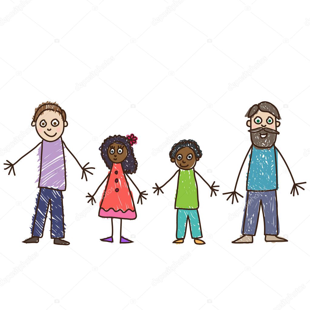 African Adoption. Same sex parents. Family with two fathers and daughter and son vector illustration