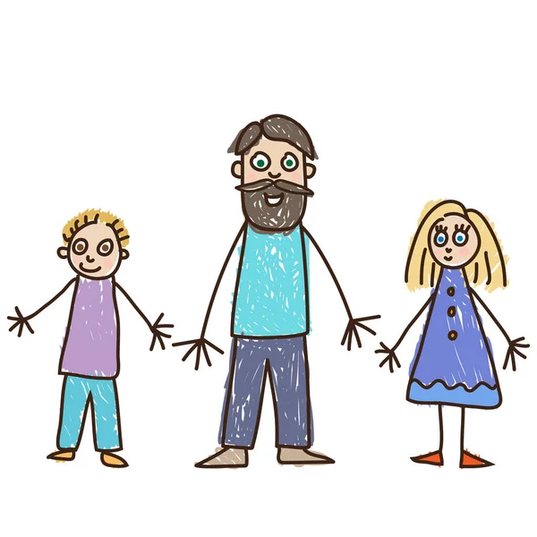 Children Drawing Cheerful Caucasian Father Beard Stands His Two Children — Stock Vector